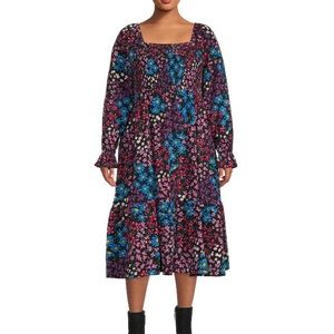 Plus size smocked long sleeve floral dress